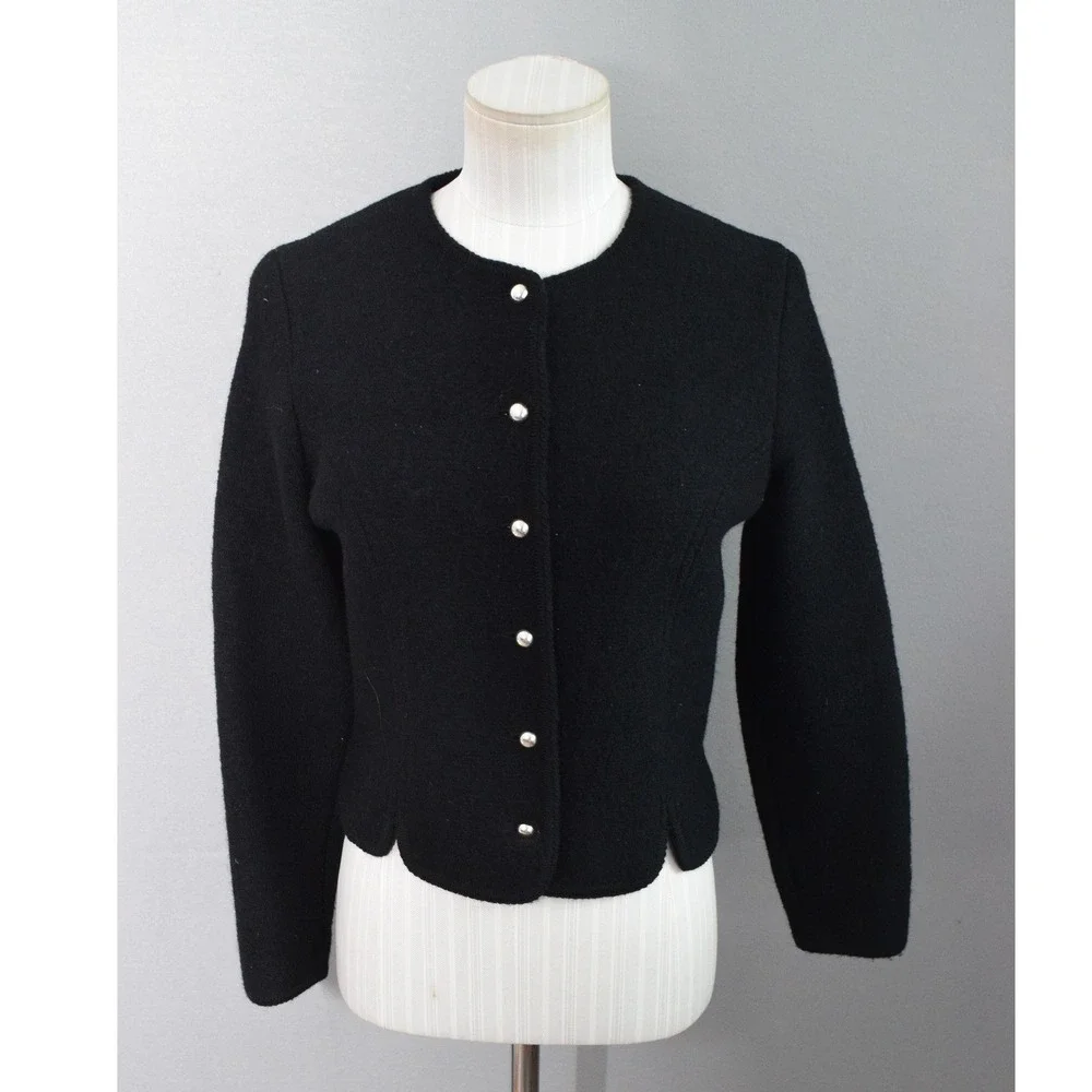 Geiger Tyrol Boiled Wool Jacket 38 Black Scalloped Hem Silver Button Austria